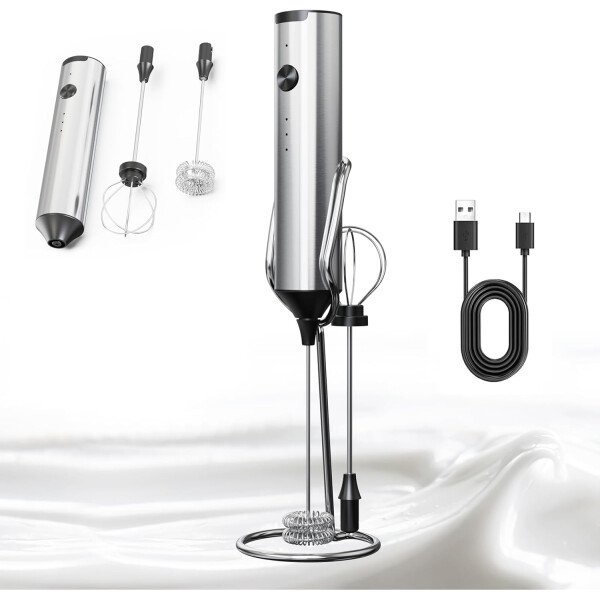 Espumador de leche recargable con soporte, mezclador de bebidas de 3 velocidades de mano con 2 cabezales, varita espumadora eléctrica para café, latte, capuchino, chocolate caliente, matcha