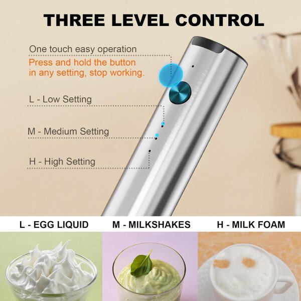 Espumador de leche recargable con soporte, mezclador de bebidas de 3 velocidades de mano con 2 cabezales, varita espumadora eléctrica para café, latte, capuchino, chocolate caliente, matcha - Image 3