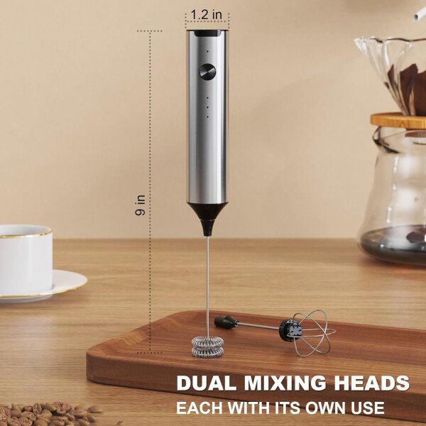 Espumador de leche recargable con soporte, mezclador de bebidas de 3 velocidades de mano con 2 cabezales, varita espumadora eléctrica para café, latte, capuchino, chocolate caliente, matcha - Image 5