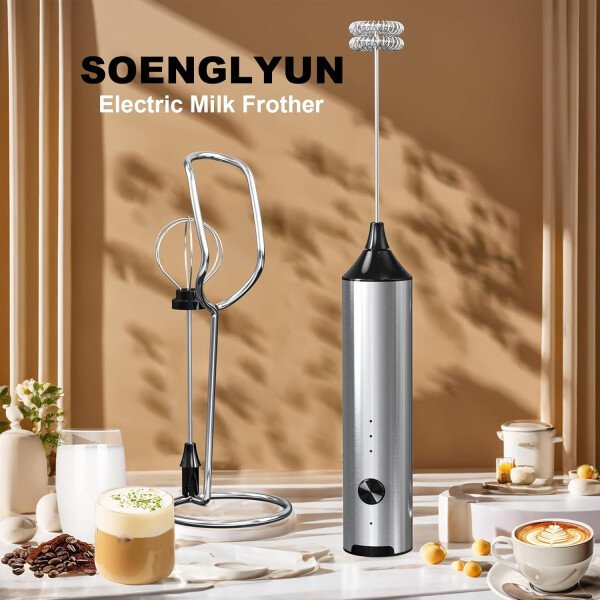Espumador de leche recargable con soporte, mezclador de bebidas de 3 velocidades de mano con 2 cabezales, varita espumadora eléctrica para café, latte, capuchino, chocolate caliente, matcha - Image 6