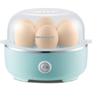 Elite Gourmet - Olla eléctrica rápida para huevos EGC115M, con capacidad para 7 huevos cocción suave, media o dura, con apagado automático, taza medidora incluida, sin bisfenol A, color menta retro.