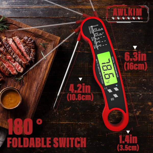 AWLKIM® Termómetro digital de carne para cocinar, termómetro de alimentos de lectura instantánea con luz de fondo y función de sujeción, electrodomésticos de cocina esenciales para barbacoa, rellenos - Imagen 3