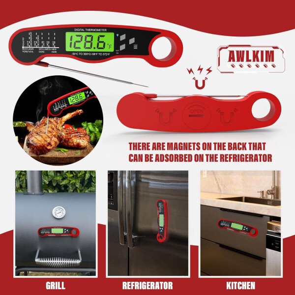 AWLKIM® Termómetro digital de carne para cocinar, termómetro de alimentos de lectura instantánea con luz de fondo y función de sujeción, electrodomésticos de cocina esenciales para barbacoa, rellenos - Imagen 6