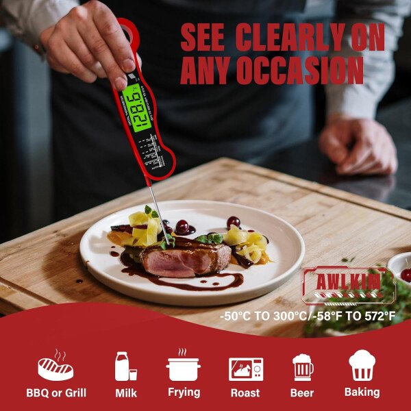 AWLKIM® Termómetro digital de carne para cocinar, termómetro de alimentos de lectura instantánea con luz de fondo y función de sujeción, electrodomésticos de cocina esenciales para barbacoa, rellenos - Imagen 9