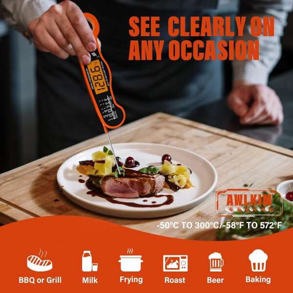 AWLKIM® Termómetro digital de carne para cocinar, termómetro de alimentos de lectura instantánea con luz de fondo y función de sujeción, electrodomésticos de cocina esenciales para barbacoa, rellenos - Imagen 15