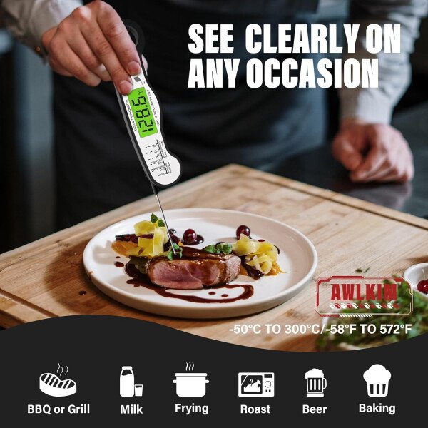 AWLKIM® Termómetro digital de carne para cocinar, termómetro de alimentos de lectura instantánea con luz de fondo y función de sujeción, electrodomésticos de cocina esenciales para barbacoa, rellenos - Imagen 22
