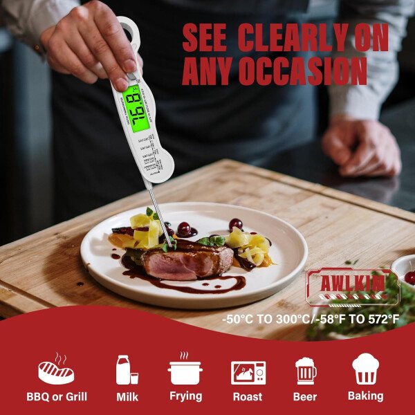AWLKIM® Termómetro digital de carne para cocinar, termómetro de alimentos de lectura instantánea con luz de fondo y función de sujeción, electrodomésticos de cocina esenciales para barbacoa, rellenos - Imagen 28