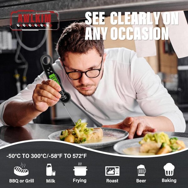 AWLKIM® Termómetro digital de carne para cocinar, termómetro de alimentos de lectura instantánea con luz de fondo y función de sujeción, electrodomésticos de cocina esenciales para barbacoa, rellenos - Imagen 34