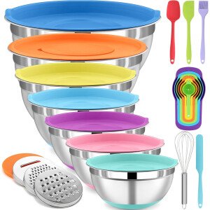 Sentk Juego de tazones para mezclar con tapas, 21 tazones de acero inoxidable con 3 accesorios para rallar, cuenco de mezcla anidable para almacenamiento de alimentos con parte inferior antideslizante