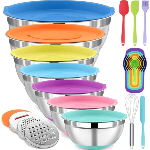 Sentk Juego de tazones para mezclar con tapas, 21 tazones de acero inoxidable con 3 accesorios para rallar, cuenco de mezcla anidable para almacenamiento de alimentos con parte inferior antideslizante