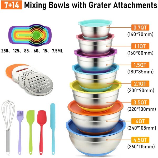 Sentk Juego de tazones para mezclar con tapas, 21 tazones de acero inoxidable con 3 accesorios para rallar, cuenco de mezcla anidable para almacenamiento de alimentos con parte inferior antideslizante - Imagen 2