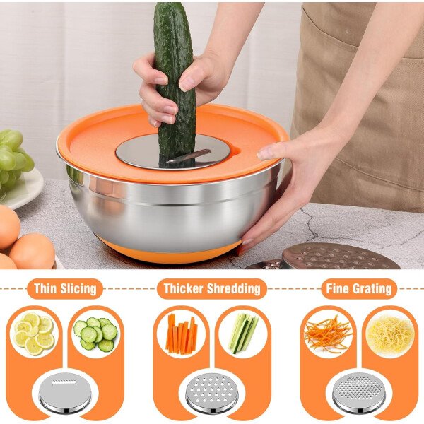 Sentk Juego de tazones para mezclar con tapas, 21 tazones de acero inoxidable con 3 accesorios para rallar, cuenco de mezcla anidable para almacenamiento de alimentos con parte inferior antideslizante - Imagen 3