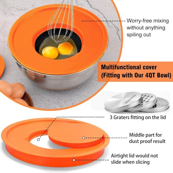 Sentk Juego de tazones para mezclar con tapas, 21 tazones de acero inoxidable con 3 accesorios para rallar, cuenco de mezcla anidable para almacenamiento de alimentos con parte inferior antideslizante - Imagen 4