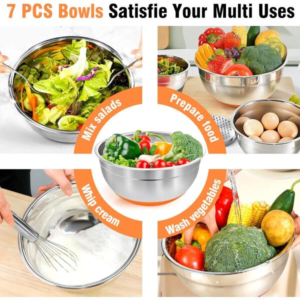 Sentk Juego de tazones para mezclar con tapas, 21 tazones de acero inoxidable con 3 accesorios para rallar, cuenco de mezcla anidable para almacenamiento de alimentos con parte inferior antideslizante - Imagen 6