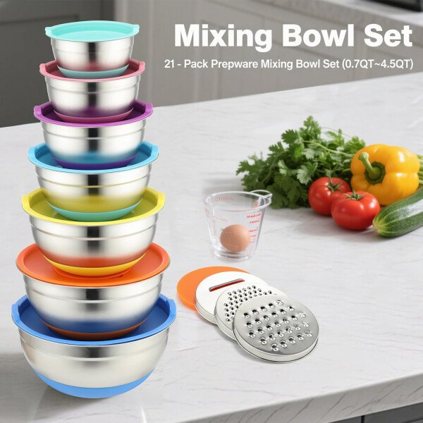 Sentk Juego de tazones para mezclar con tapas, 21 tazones de acero inoxidable con 3 accesorios para rallar, cuenco de mezcla anidable para almacenamiento de alimentos con parte inferior antideslizante - Imagen 7