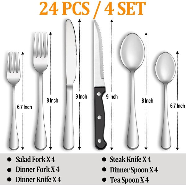 24 Pcs Silverware Set with Steak Knives Service for 4,Stainless Steel Flatware Set,Mirror Polished Cutlery Utensil Set,Home Kitchen Eating Tableware Set,Include Fork Knife Spoon Set,Dishwasher Safe - Imagen 2