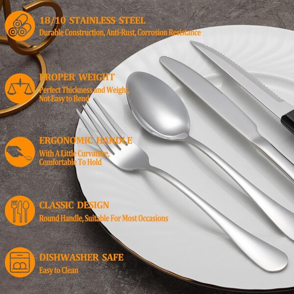 24 Pcs Silverware Set with Steak Knives Service for 4,Stainless Steel Flatware Set,Mirror Polished Cutlery Utensil Set,Home Kitchen Eating Tableware Set,Include Fork Knife Spoon Set,Dishwasher Safe - Imagen 3