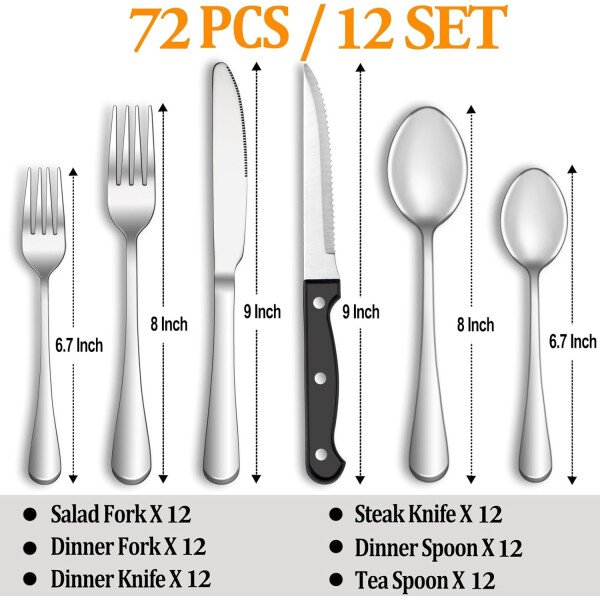 24 Pcs Silverware Set with Steak Knives Service for 4,Stainless Steel Flatware Set,Mirror Polished Cutlery Utensil Set,Home Kitchen Eating Tableware Set,Include Fork Knife Spoon Set,Dishwasher Safe - Imagen 8