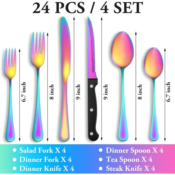 24 Pcs Silverware Set with Steak Knives Service for 4,Stainless Steel Flatware Set,Mirror Polished Cutlery Utensil Set,Home Kitchen Eating Tableware Set,Include Fork Knife Spoon Set,Dishwasher Safe - Imagen 17