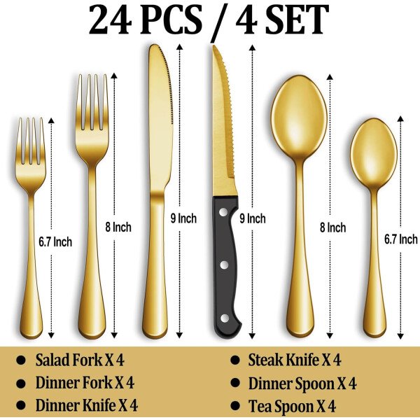 24 Pcs Silverware Set with Steak Knives Service for 4,Stainless Steel Flatware Set,Mirror Polished Cutlery Utensil Set,Home Kitchen Eating Tableware Set,Include Fork Knife Spoon Set,Dishwasher Safe - Imagen 24