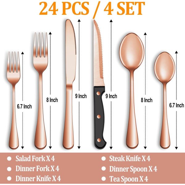 24 Pcs Silverware Set with Steak Knives Service for 4,Stainless Steel Flatware Set,Mirror Polished Cutlery Utensil Set,Home Kitchen Eating Tableware Set,Include Fork Knife Spoon Set,Dishwasher Safe - Imagen 48