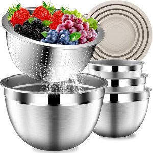 Stainles Steel - Juego de tazones para mezclar con tapas, apilables de metal con colador, 5 piezas, color beige