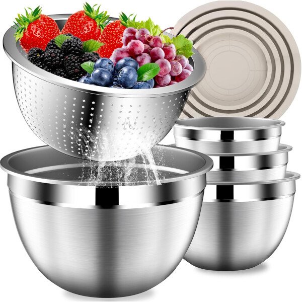 Stainles Steel - Juego de tazones para mezclar con tapas, apilables de metal con colador, 5 piezas, color beige