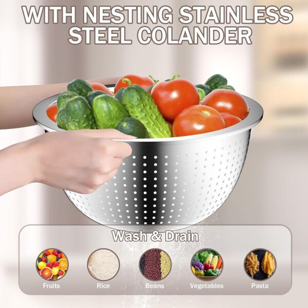 Stainles Steel - Juego de tazones para mezclar con tapas, apilables de metal con colador, 5 piezas, color beige - Image 4