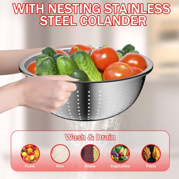 Stainles Steel - Juego de tazones para mezclar con tapas, apilables de metal con colador, 5 piezas, color beige - Image 12