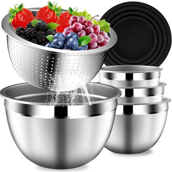 Stainles Steel - Juego de tazones para mezclar con tapas, apilables de metal con colador, 5 piezas, color beige - Image 15
