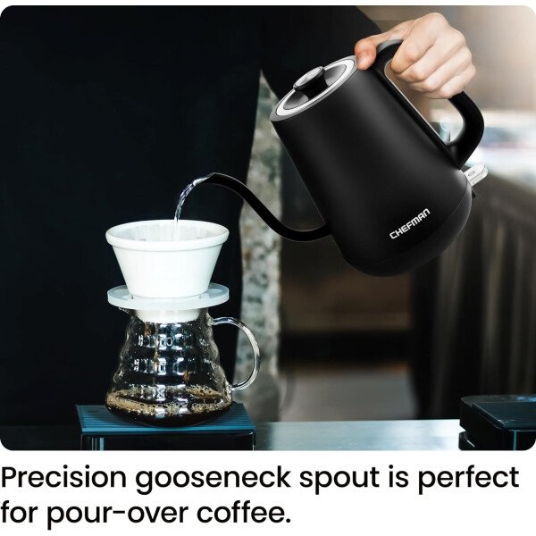 Chefman Hervidor eléctrico de cuello de cisne, hervidor de té de 0.8 L para café y té, operación con un solo toque, protección para hervir, apagado automático, caldera de agua caliente ultrarrápida, - Imagen 2