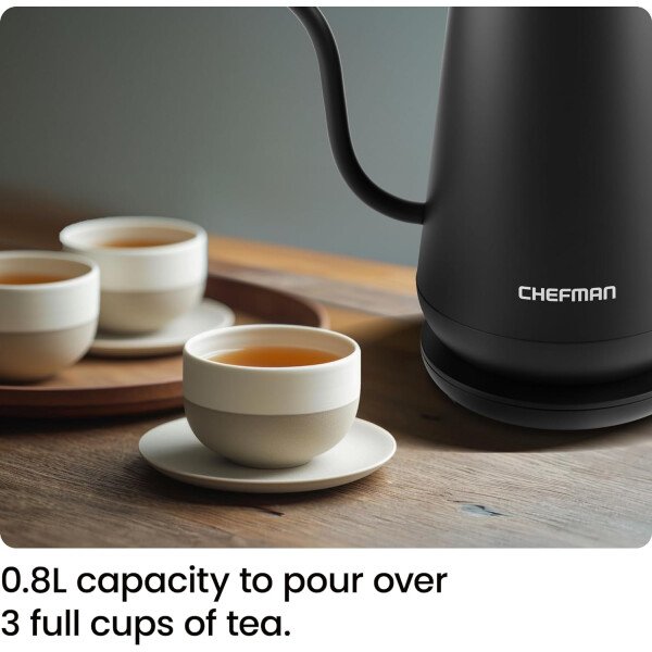 Chefman Hervidor eléctrico de cuello de cisne, hervidor de té de 0.8 L para café y té, operación con un solo toque, protección para hervir, apagado automático, caldera de agua caliente ultrarrápida, - Imagen 4