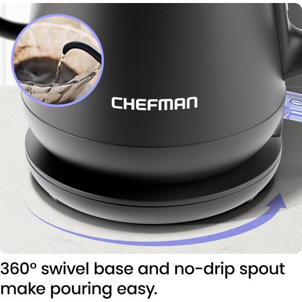 Chefman Hervidor eléctrico de cuello de cisne, hervidor de té de 0.8 L para café y té, operación con un solo toque, protección para hervir, apagado automático, caldera de agua caliente ultrarrápida, - Imagen 6