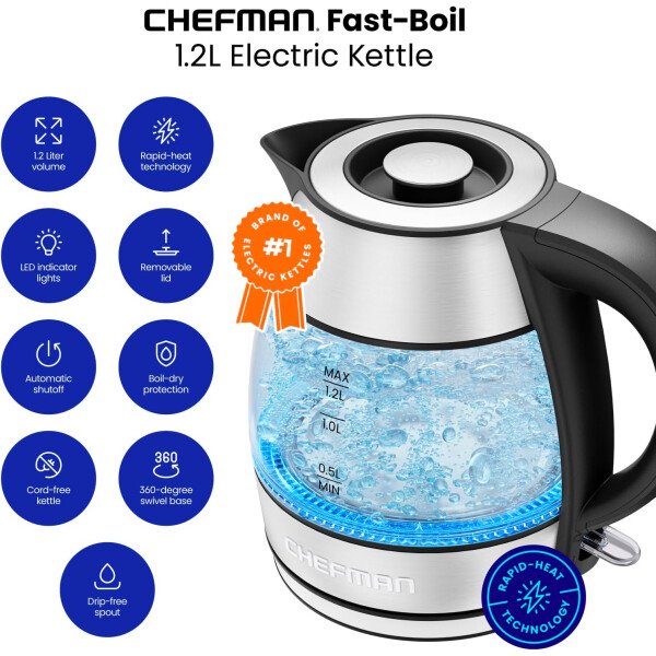 Chefman Hervidor eléctrico de cuello de cisne, hervidor de té de 0.8 L para café y té, operación con un solo toque, protección para hervir, apagado automático, caldera de agua caliente ultrarrápida, - Imagen 10