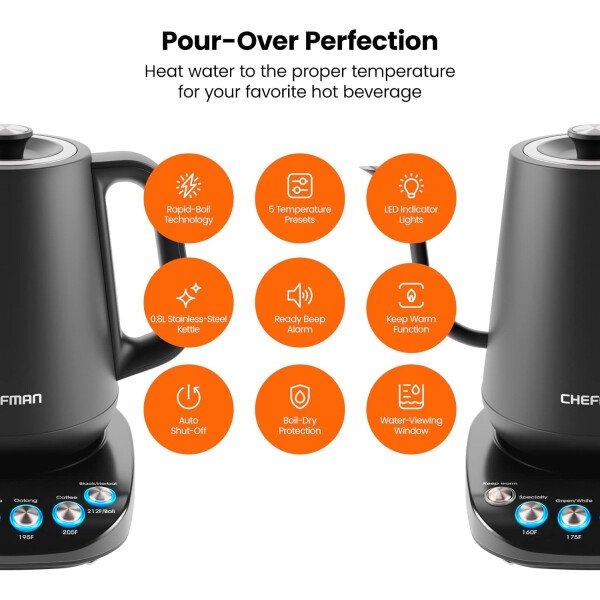 Chefman Hervidor eléctrico de cuello de cisne, hervidor de té de 0.8 L para café y té, operación con un solo toque, protección para hervir, apagado automático, caldera de agua caliente ultrarrápida, - Imagen 17