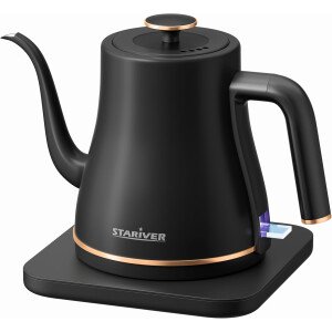 Stariver Hervidor eléctrico de cuello de cisne, hervidor de té eléctrico de 0.8 L, tetera para verter sobre el café con tapa e parte inferior interior de acero inoxidable, caldera de agua con apagado