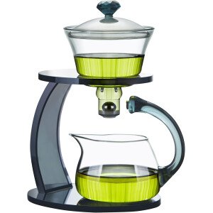 Unbreakable Juego de té de vidrio - Tetera de vidrio de goteo Lazy Kungfu, tetera giratoria de goteo semiautomática de 14.1 onzas líquidas con infusor, hervidor de borosilicato alto para casa de té
