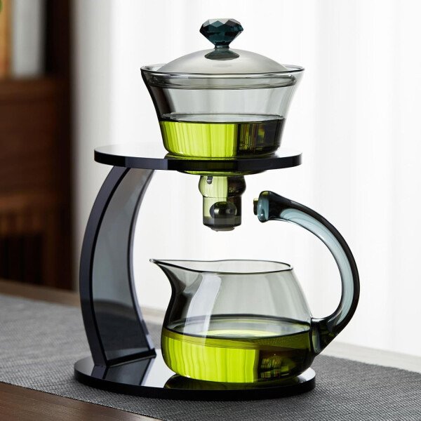 Unbreakable Juego de té de vidrio - Tetera de vidrio de goteo Lazy Kungfu, tetera giratoria de goteo semiautomática de 14.1 onzas líquidas con infusor, hervidor de borosilicato alto para casa de té - Imagen 2