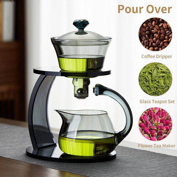 Unbreakable Juego de té de vidrio - Tetera de vidrio de goteo Lazy Kungfu, tetera giratoria de goteo semiautomática de 14.1 onzas líquidas con infusor, hervidor de borosilicato alto para casa de té - Imagen 3
