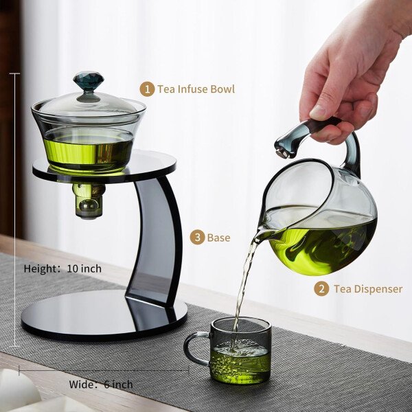 Unbreakable Juego de té de vidrio - Tetera de vidrio de goteo Lazy Kungfu, tetera giratoria de goteo semiautomática de 14.1 onzas líquidas con infusor, hervidor de borosilicato alto para casa de té - Imagen 4