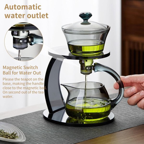 Unbreakable Juego de té de vidrio - Tetera de vidrio de goteo Lazy Kungfu, tetera giratoria de goteo semiautomática de 14.1 onzas líquidas con infusor, hervidor de borosilicato alto para casa de té - Imagen 6