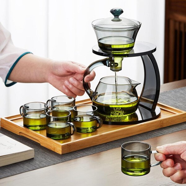 Unbreakable Juego de té de vidrio - Tetera de vidrio de goteo Lazy Kungfu, tetera giratoria de goteo semiautomática de 14.1 onzas líquidas con infusor, hervidor de borosilicato alto para casa de té - Imagen 7