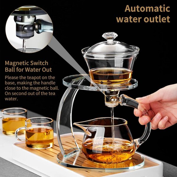 Unbreakable Juego de té de vidrio - Tetera de vidrio de goteo Lazy Kungfu, tetera giratoria de goteo semiautomática de 14.1 onzas líquidas con infusor, hervidor de borosilicato alto para casa de té - Imagen 10