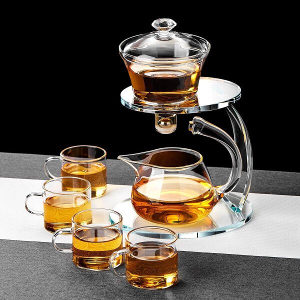 Unbreakable Juego de té de vidrio - Tetera de vidrio de goteo Lazy Kungfu, tetera giratoria de goteo semiautomática de 14.1 onzas líquidas con infusor, hervidor de borosilicato alto para casa de té - Imagen 11