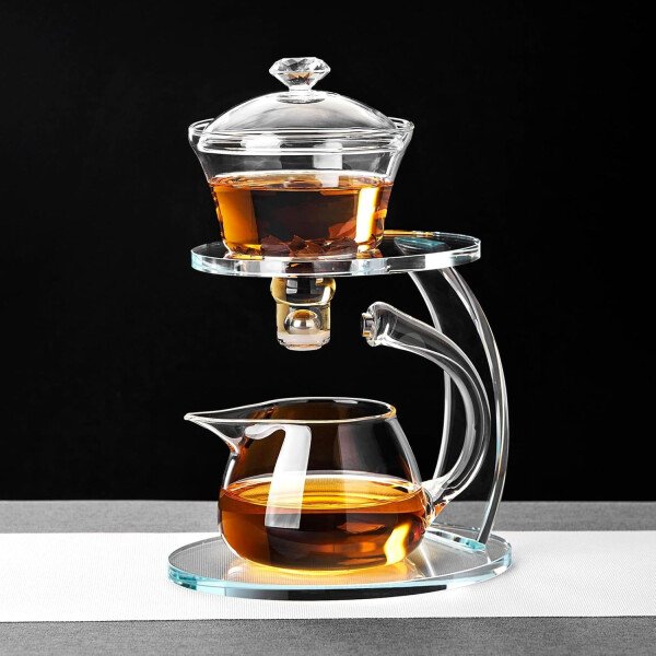 Unbreakable Juego de té de vidrio - Tetera de vidrio de goteo Lazy Kungfu, tetera giratoria de goteo semiautomática de 14.1 onzas líquidas con infusor, hervidor de borosilicato alto para casa de té - Imagen 12
