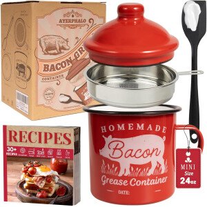 Recipiente de grasa de tocino con colador, con espátula de silicona de grado alimenticio, contenedor de grasa rústico de 24 onzas, conservador, recetas, apto para lavavajillas