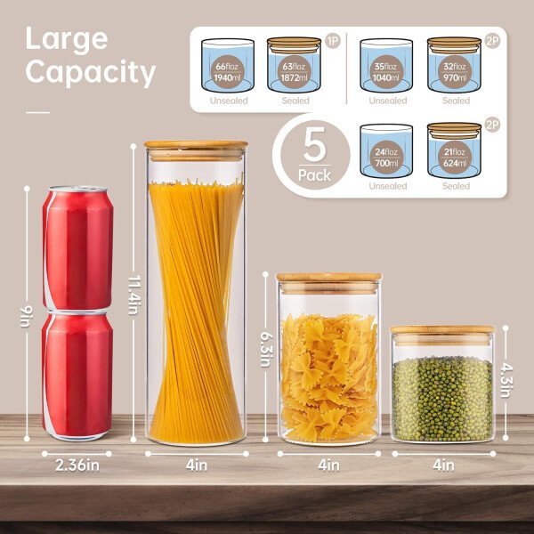 Paquete de 5 tarros de vidrio con tapas de bambú, recipientes de almacenamiento de despensa de vidrio con tapas herméticas, recipientes redondos de almacenamiento de alimentos para cereales, pasta, - Image 2