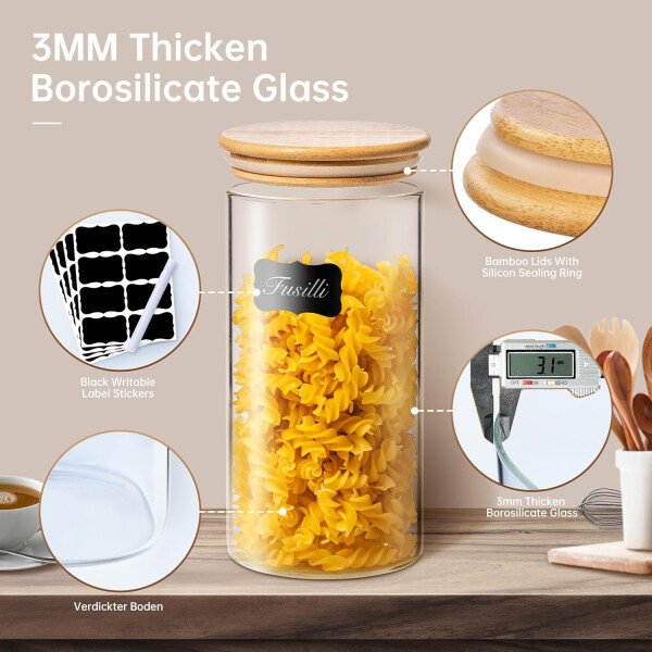 Paquete de 5 tarros de vidrio con tapas de bambú, recipientes de almacenamiento de despensa de vidrio con tapas herméticas, recipientes redondos de almacenamiento de alimentos para cereales, pasta, - Image 3