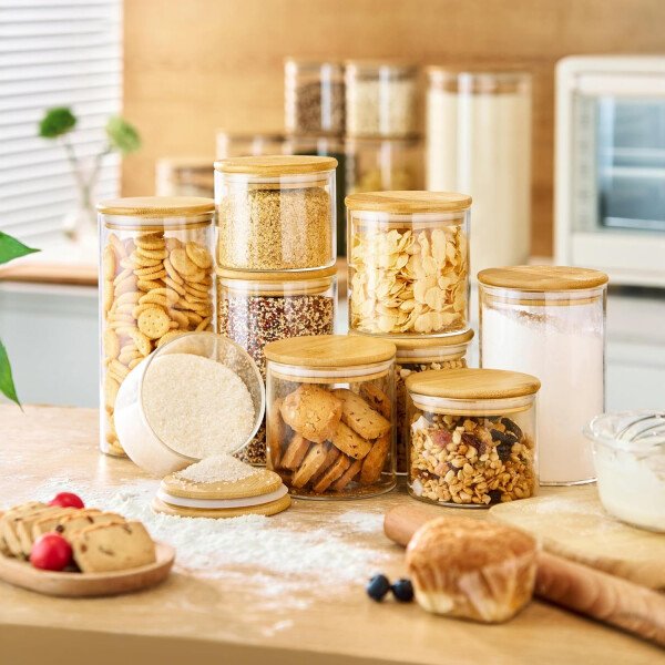 Paquete de 5 tarros de vidrio con tapas de bambú, recipientes de almacenamiento de despensa de vidrio con tapas herméticas, recipientes redondos de almacenamiento de alimentos para cereales, pasta, - Image 5