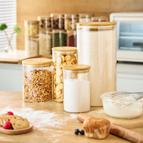 Paquete de 5 tarros de vidrio con tapas de bambú, recipientes de almacenamiento de despensa de vidrio con tapas herméticas, recipientes redondos de almacenamiento de alimentos para cereales, pasta, - Image 7